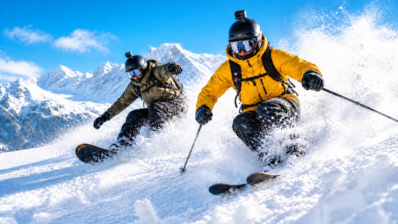 Two skiers in helmets with GoPro cameras carving through alpine powder